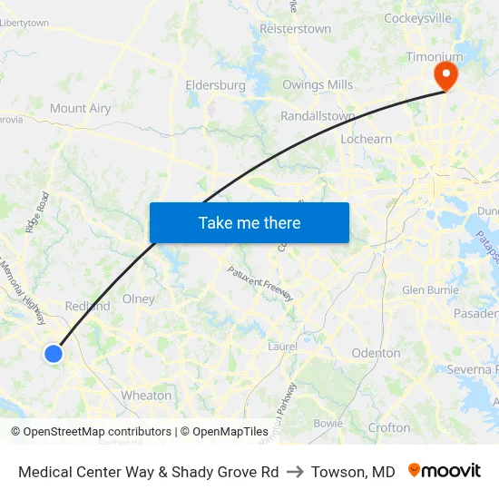 Medical Center Way & Shady Grove Rd to Towson, MD map
