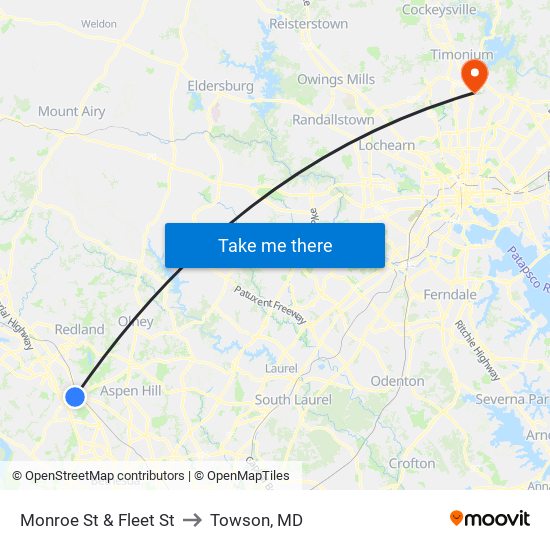 Monroe St & Fleet St to Towson, MD map