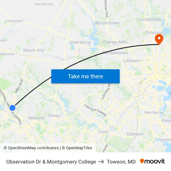 Observation Dr & Montgomery College to Towson, MD map
