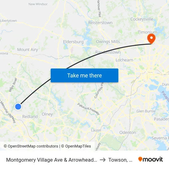 Montgomery Village Ave & Arrowhead Rd to Towson, MD map