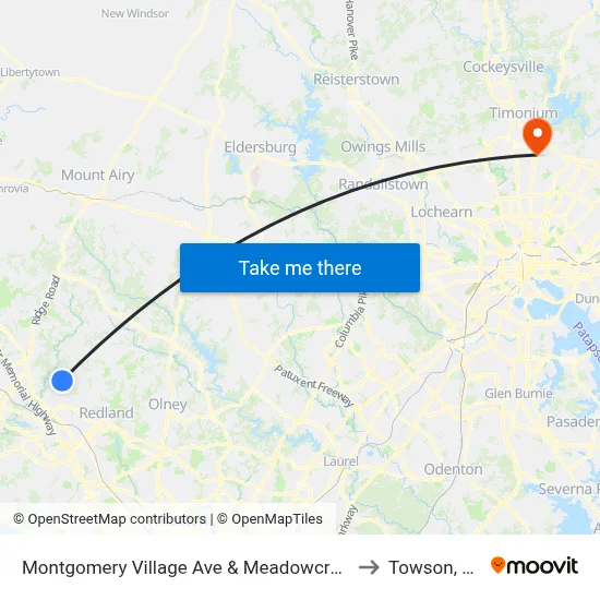 Montgomery Village Ave & Meadowcroft Ln to Towson, MD map