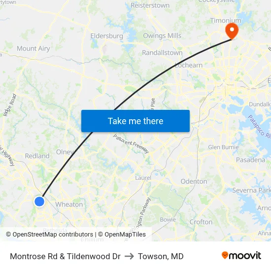 Montrose Rd & Tildenwood Dr to Towson, MD map