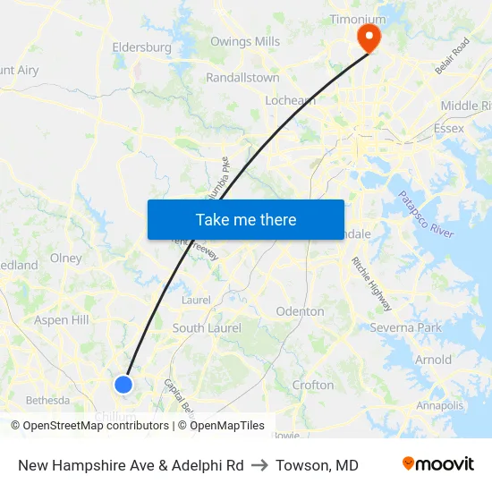 New Hampshire Ave & Adelphi Rd to Towson, MD map
