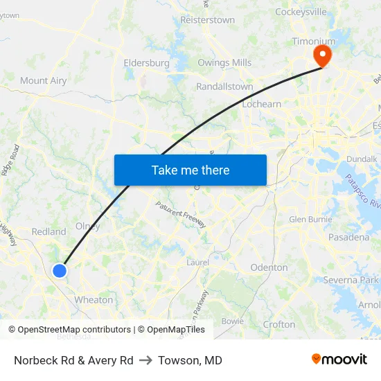 Norbeck Rd & Avery Rd to Towson, MD map