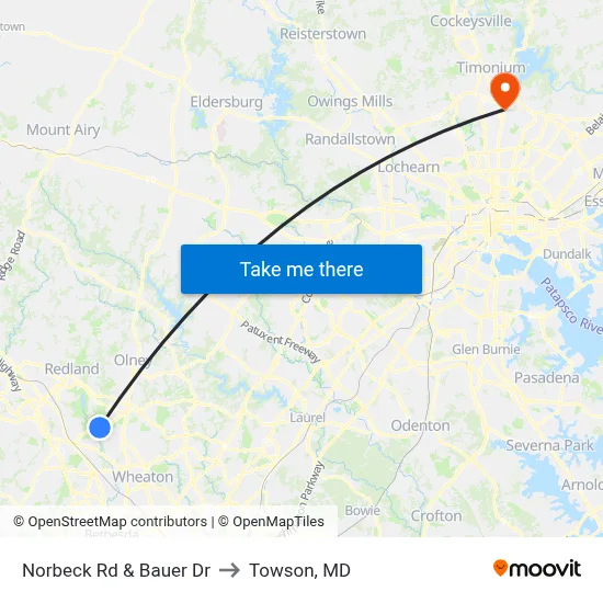Norbeck Rd & Bauer Dr to Towson, MD map