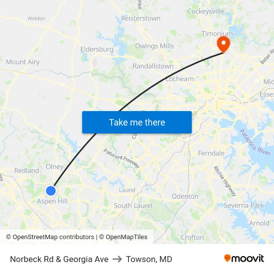 Norbeck Rd & Georgia Ave to Towson, MD map