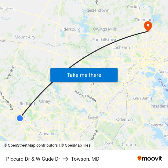 Piccard Dr & W Gude Dr to Towson, MD map