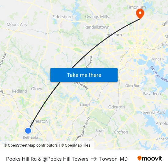 Pooks Hill Rd & @Pooks Hill Towers to Towson, MD map