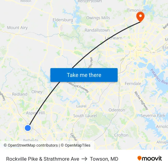 Rockville Pike & Strathmore Ave to Towson, MD map