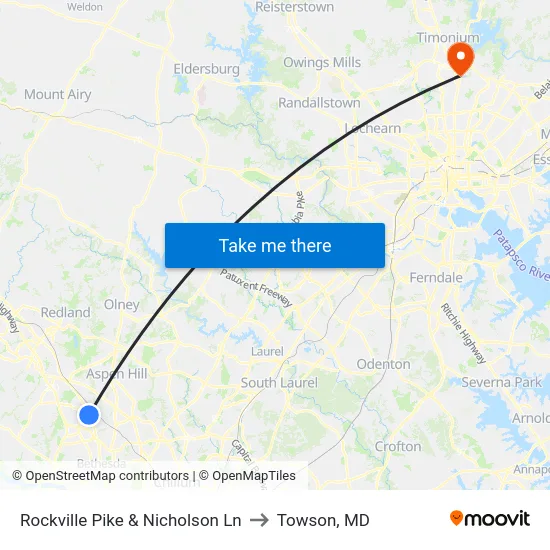 Rockville Pike & Nicholson Ln to Towson, MD map