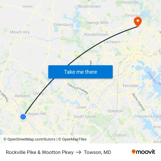 Rockville Pike & Wootton Pkwy to Towson, MD map