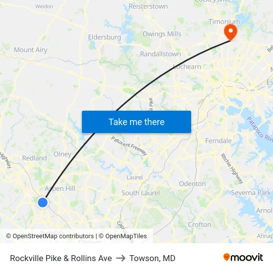 Rockville Pike & Rollins Ave to Towson, MD map