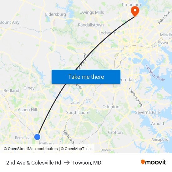 2nd Ave & Colesville Rd to Towson, MD map