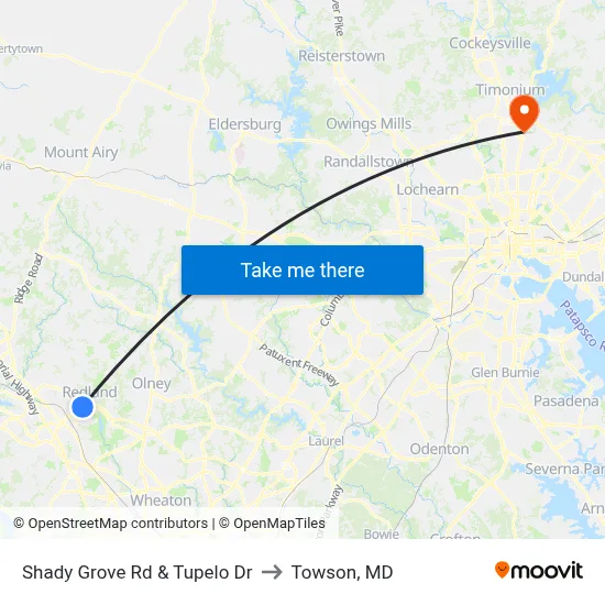 Shady Grove Rd & Tupelo Dr to Towson, MD map