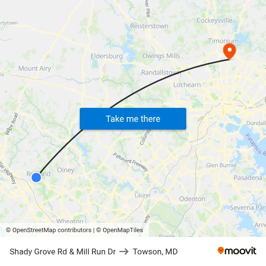 Shady Grove Rd & Mill Run Dr to Towson, MD map