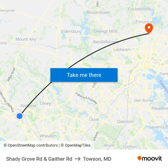 Shady Grove Rd & Gaither Rd to Towson, MD map