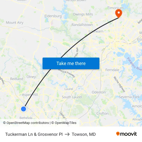 Tuckerman Ln & Grosvenor Pl to Towson, MD map