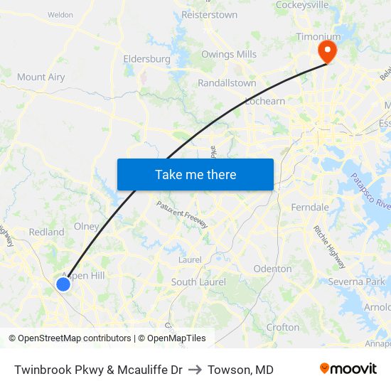 Twinbrook Pkwy & Mcauliffe Dr to Towson, MD map