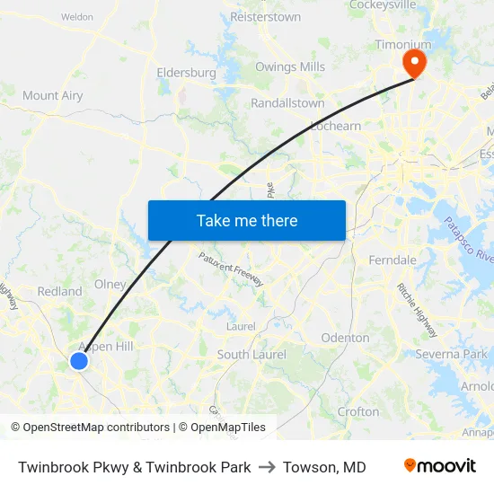 Twinbrook Pkwy & Twinbrook Park to Towson, MD map