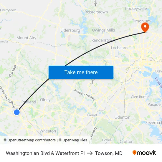 Washingtonian Blvd & Waterfront Pl to Towson, MD map