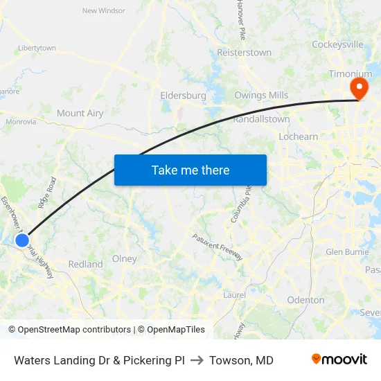 Waters Landing Dr & Pickering Pl to Towson, MD map