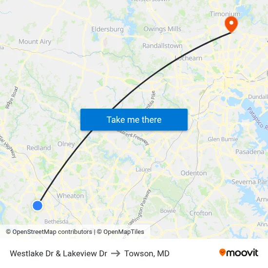 Westlake Dr & Lakeview Dr to Towson, MD map
