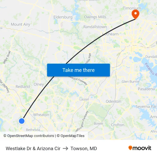 Westlake Dr & Arizona Cir to Towson, MD map