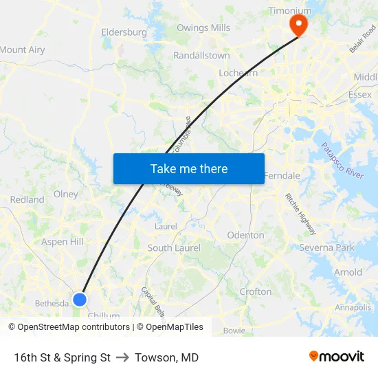 16th St & Spring St to Towson, MD map