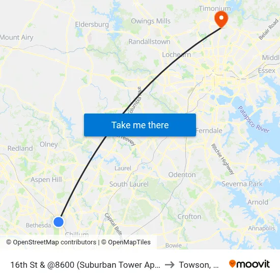 16th St & @8600 (Suburban Tower Apts) to Towson, MD map