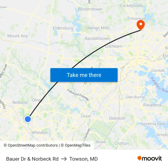 Bauer Dr & Norbeck Rd to Towson, MD map