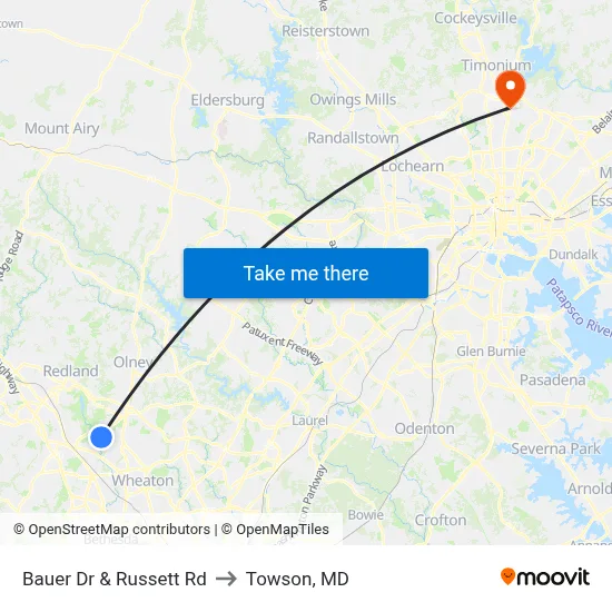 Bauer Dr & Russett Rd to Towson, MD map