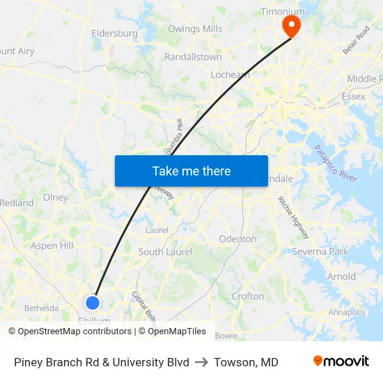 Piney Branch Rd & University Blvd to Towson, MD map