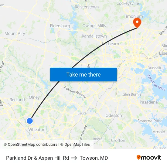 Parkland Dr & Aspen Hill Rd to Towson, MD map