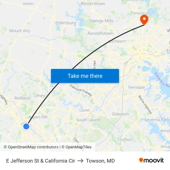 E Jefferson St & California Cir to Towson, MD map