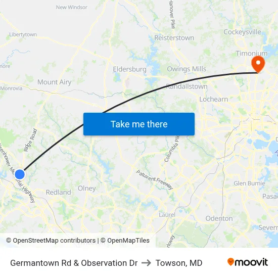 Germantown Rd & Observation Dr to Towson, MD map