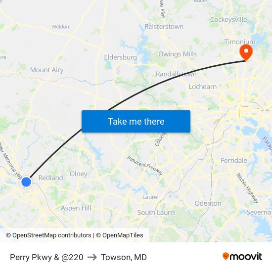 Perry Pkwy & @220 to Towson, MD map