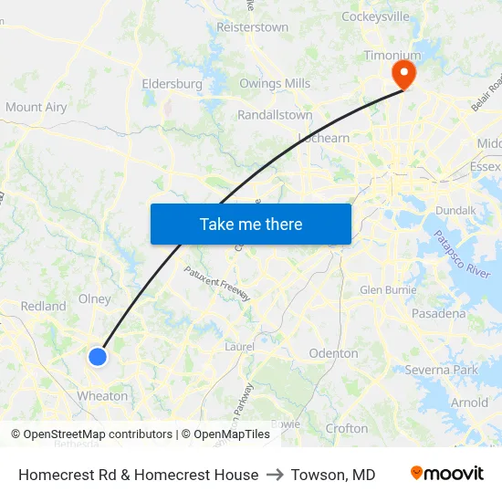Homecrest Rd & Homecrest House to Towson, MD map