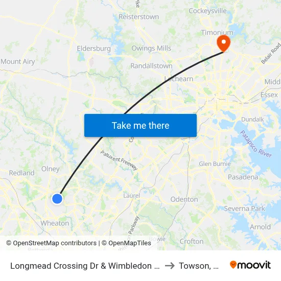 Longmead Crossing Dr & Wimbledon Dr to Towson, MD map