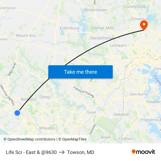Life Sci - East & @9630 to Towson, MD map