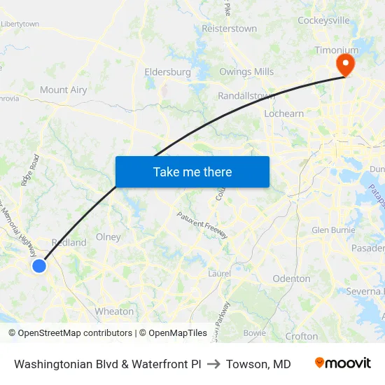 Washingtonian Blvd & Waterfront Pl to Towson, MD map