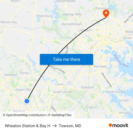 Wheaton Station  & Bay H to Towson, MD map