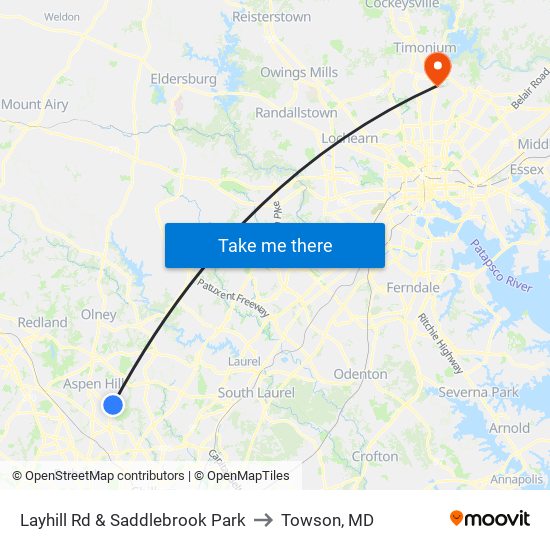 Layhill Rd & Saddlebrook Park to Towson, MD map