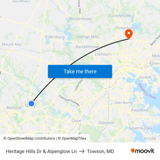 Heritage Hills Dr & Alpenglow Ln to Towson, MD map