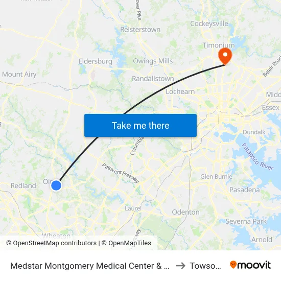 Medstar Montgomery Medical Center & Prince Philip Dr to Towson, MD map