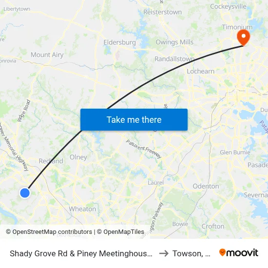 Shady Grove Rd & Piney Meetinghouse Rd to Towson, MD map