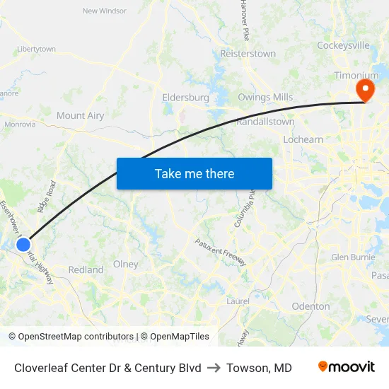 Cloverleaf Center Dr & Century Blvd to Towson, MD map