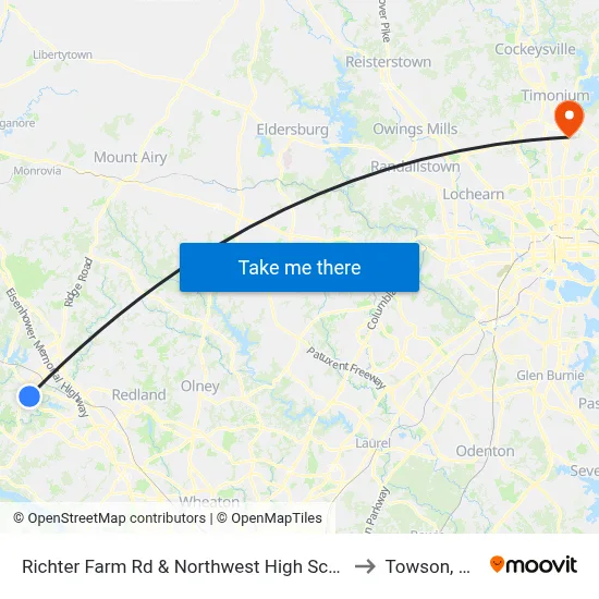 Richter Farm Rd & Northwest High School to Towson, MD map