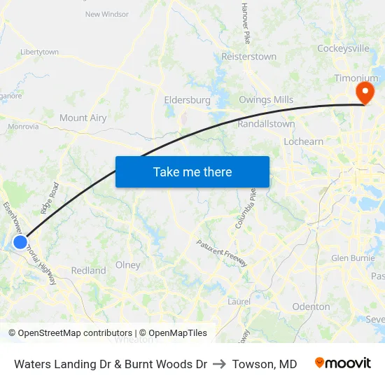 Waters Landing Dr & Burnt Woods Dr to Towson, MD map
