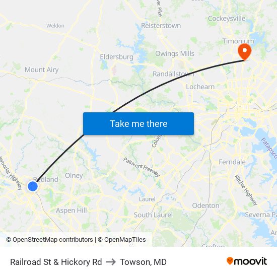 Railroad St & Hickory Rd to Towson, MD map