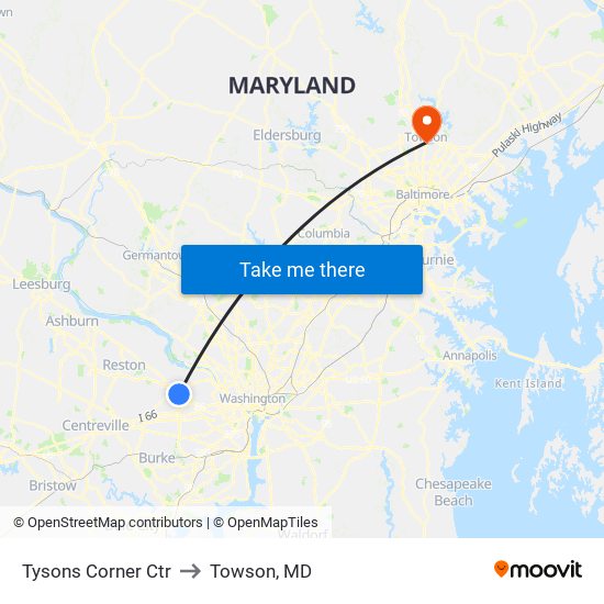 Tysons Corner Ctr to Towson, MD map